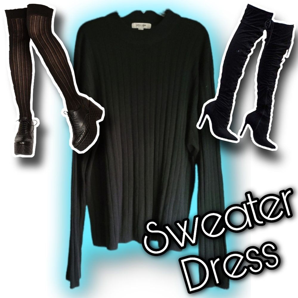 Linea Uomo Black Ribbed Sweater Dress, Mock Neck